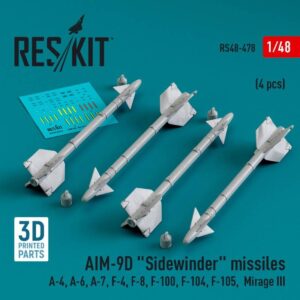 AIM-9D "Sidewinder" missiles (4 pcs) (A-4, A-6, A-7, F-4, F-8, F-100, F-104, F-105, Mirage III) (3D Printed) (1/48)